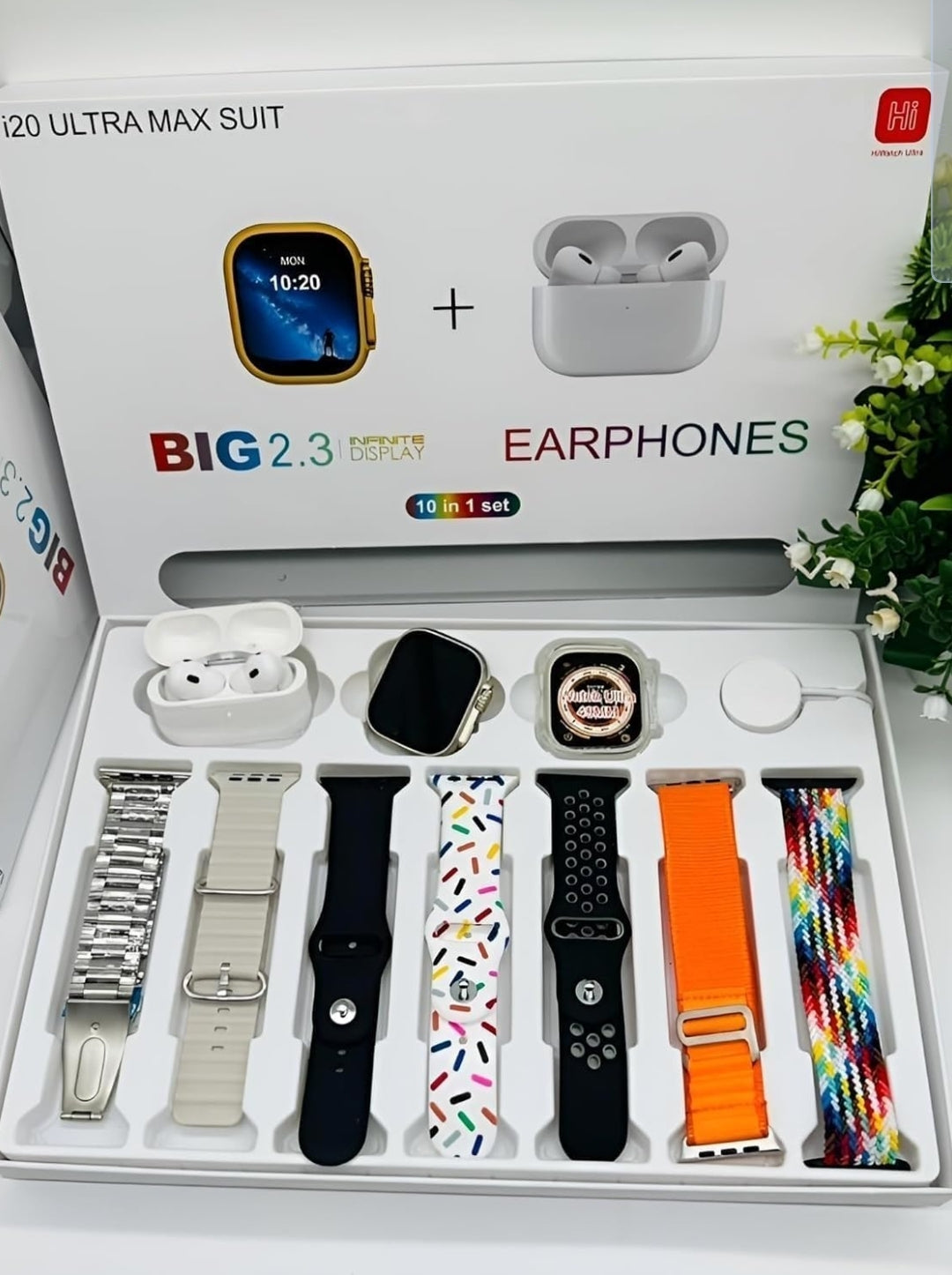10 in 1 Set i20 Ultra MAX Suit SmartWatch + ear buds Pro with Transparent Screen Guard Watch 7 Multicolor Straps
