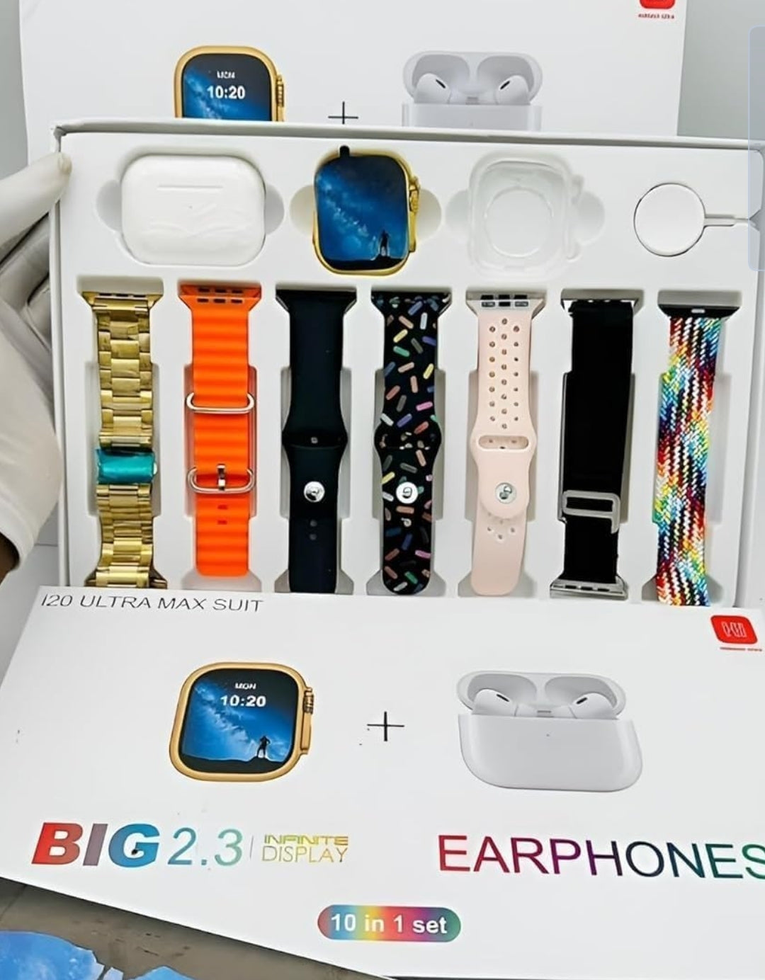 10 in 1 Set i20 Ultra MAX Suit SmartWatch + ear buds Pro with Transparent Screen Guard Watch 7 Multicolor Straps