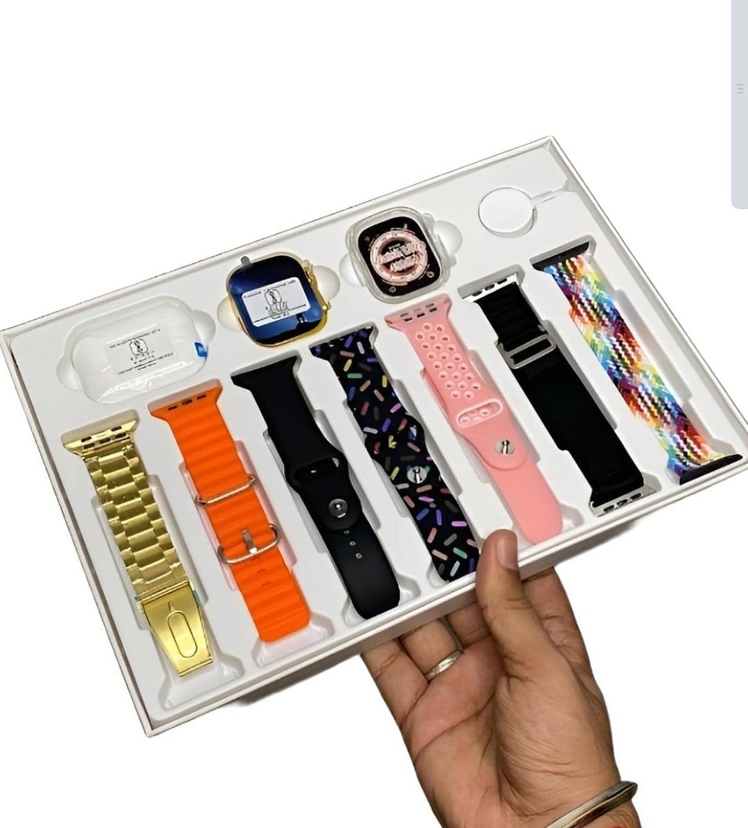 10 in 1 Set i20 Ultra MAX Suit SmartWatch + ear buds Pro with Transparent Screen Guard Watch 7 Multicolor Straps
