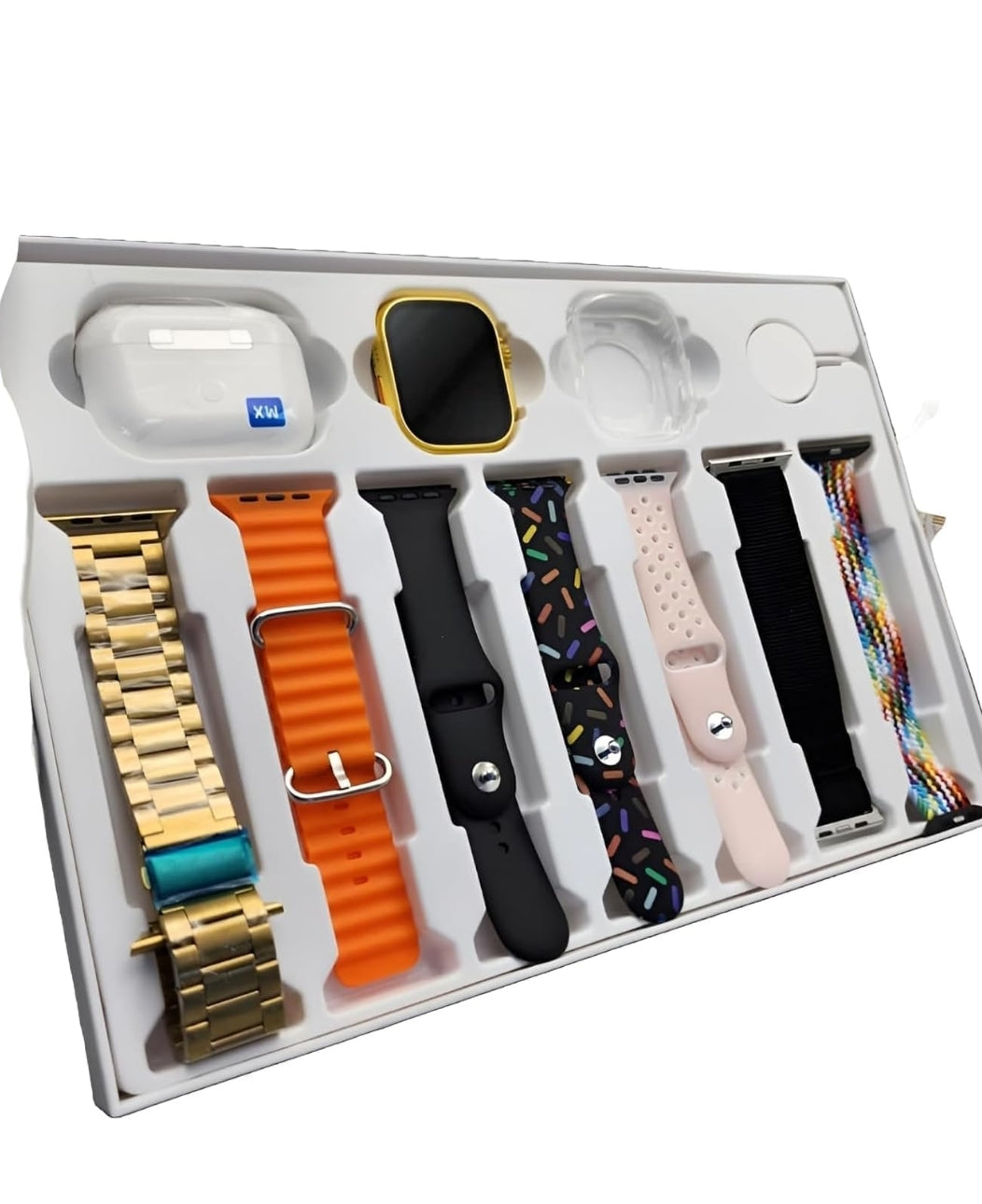 10 in 1 Set i20 Ultra MAX Suit SmartWatch + ear buds Pro with Transparent Screen Guard Watch 7 Multicolor Straps
