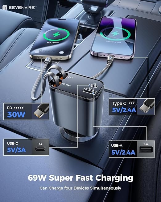 Smaller 4 in 1 Retractable Car Charger with Dual Type C Cables, 69W Super Fast Retractable USB C, Car Accessories,