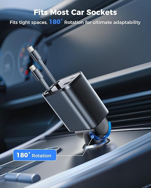 Smaller 4 in 1 Retractable Car Charger with Dual Type C Cables, 69W Super Fast Retractable USB C, Car Accessories,