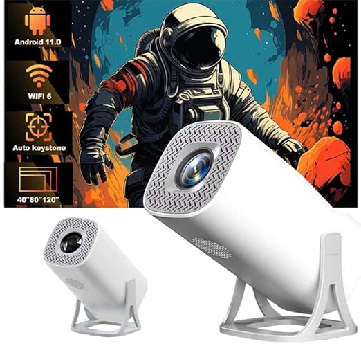 Portable Smart Wireless Projector,4K Supported | Android 11.0, WiFi 6, Auto Keystone | 120" Display, FHD-UHD, Home Theater Projector with Powerful Speaker | Portable & Sleek