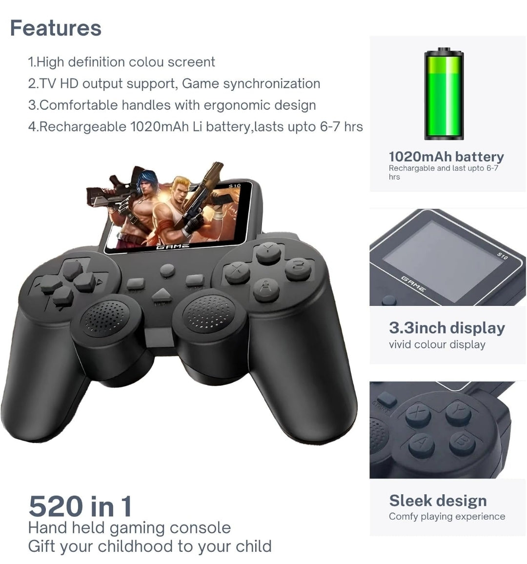 DXP S10 Handheld Game Console for Kids 520 Retro Video Games Classic Rechargeable Console with TV Support