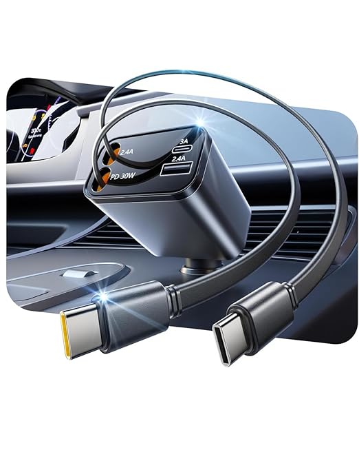 Smaller 4 in 1 Retractable Car Charger with Dual Type C Cables, 69W Super Fast Retractable USB C, Car Accessories,